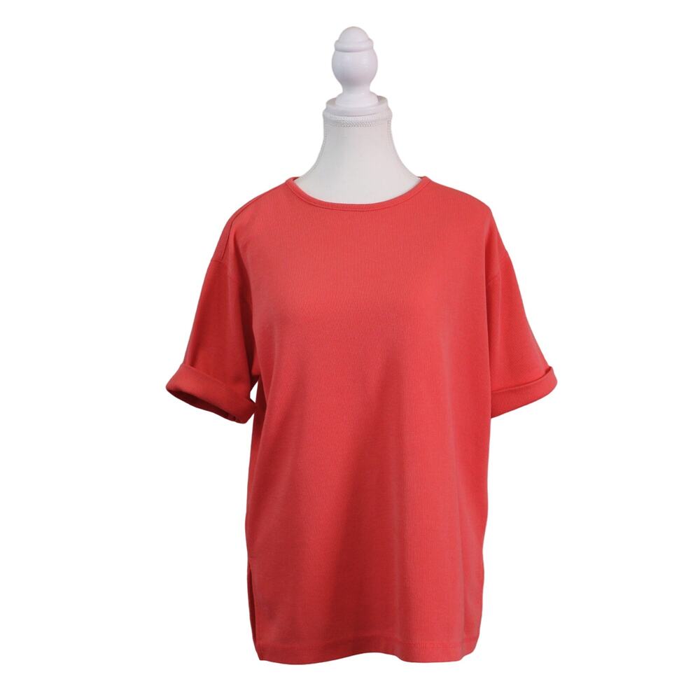 NY STYLE Women's Cuff Sleeve, Split Hem, Ribbed T, Coral sz M